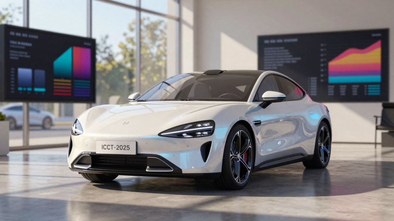 Sleek white electric sports car with aerodynamic design displayed in a modern showroom with digital screens.