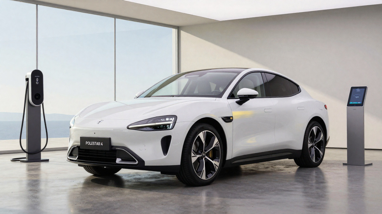 White Polestar 4 electric car parked indoors between a charging station and an interactive display stand.