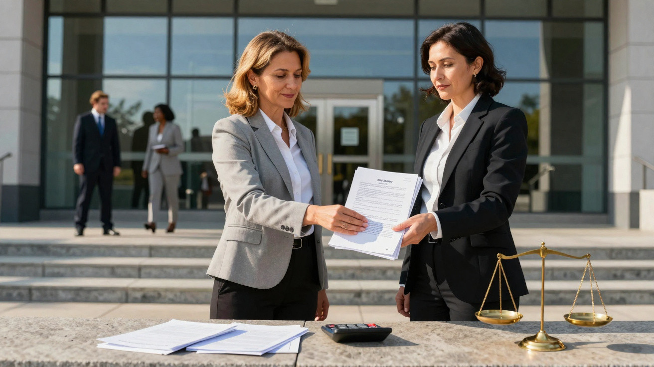 Two businesswomen exchanging legal documents outside a government building with balance scales on the table.