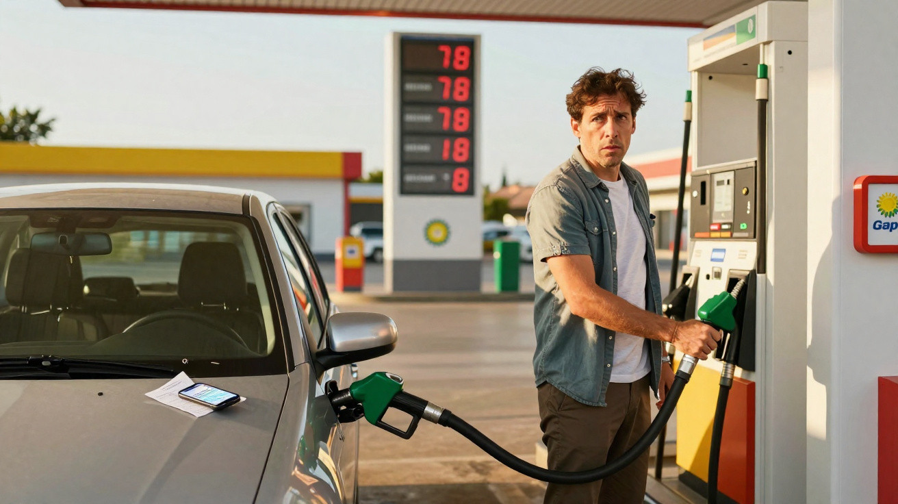 Man holding a petrol pump nozzle refuelling a car at a gas station with fuel prices in the background.