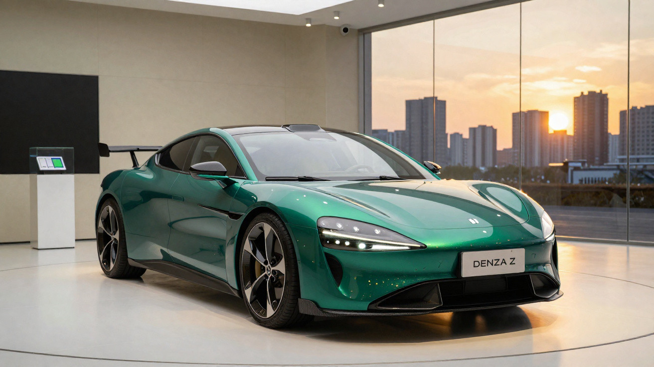 Green Denza Z electric sports car displayed indoors with city skyline and sunset visible through large windows.