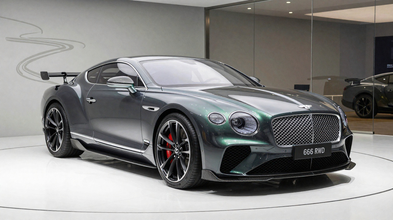 Dark green Bentley Continental GT Supersports with red brake calipers displayed in a showroom with reflective glass walls.