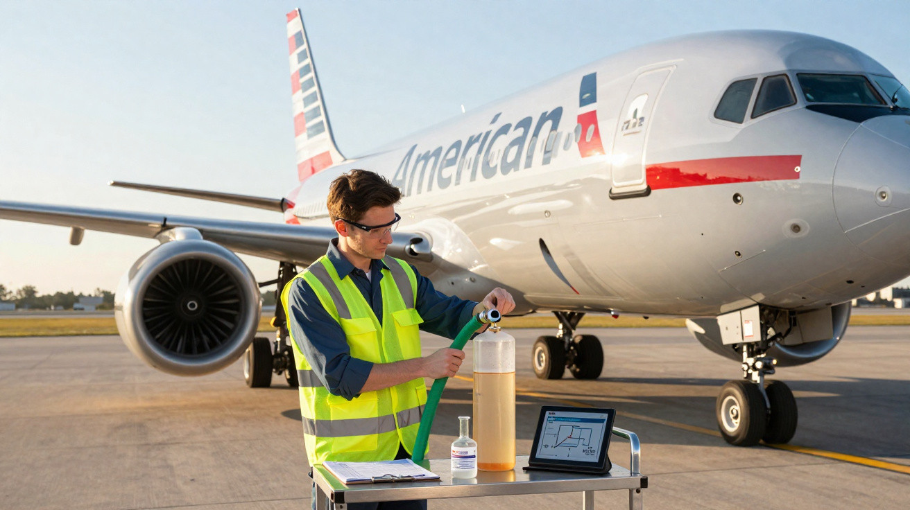 Airport technician wearing a high-visibility vest testing fuel from an American Airlines plane on the tarmac.