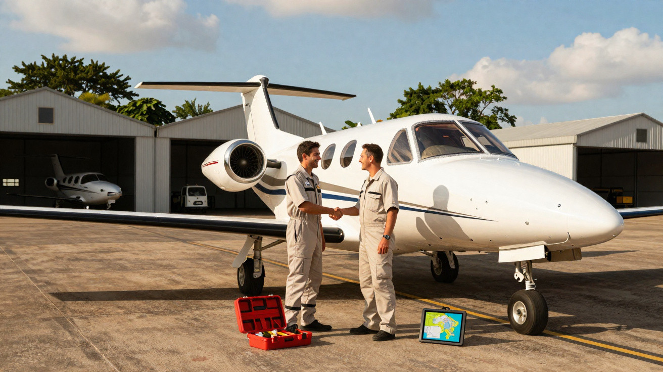 Two men in flight suits shaking hands beside a small white private jet on an airfield with hangars in the background.
