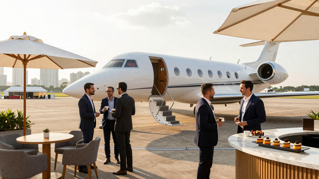 Businessmen in suits chatting near a private jet on a sunny tarmac with outdoor seating and refreshments.