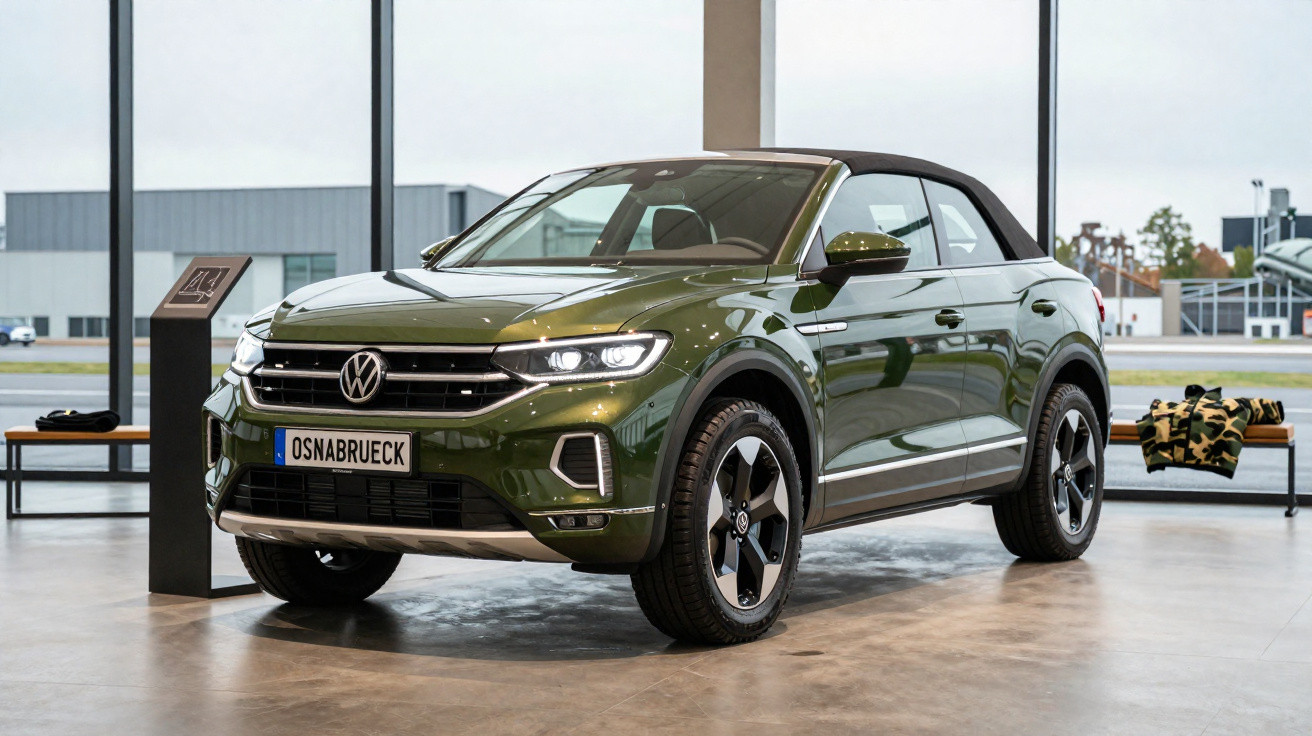 Green Volkswagen convertible SUV displayed indoors with black soft top and alloy wheels