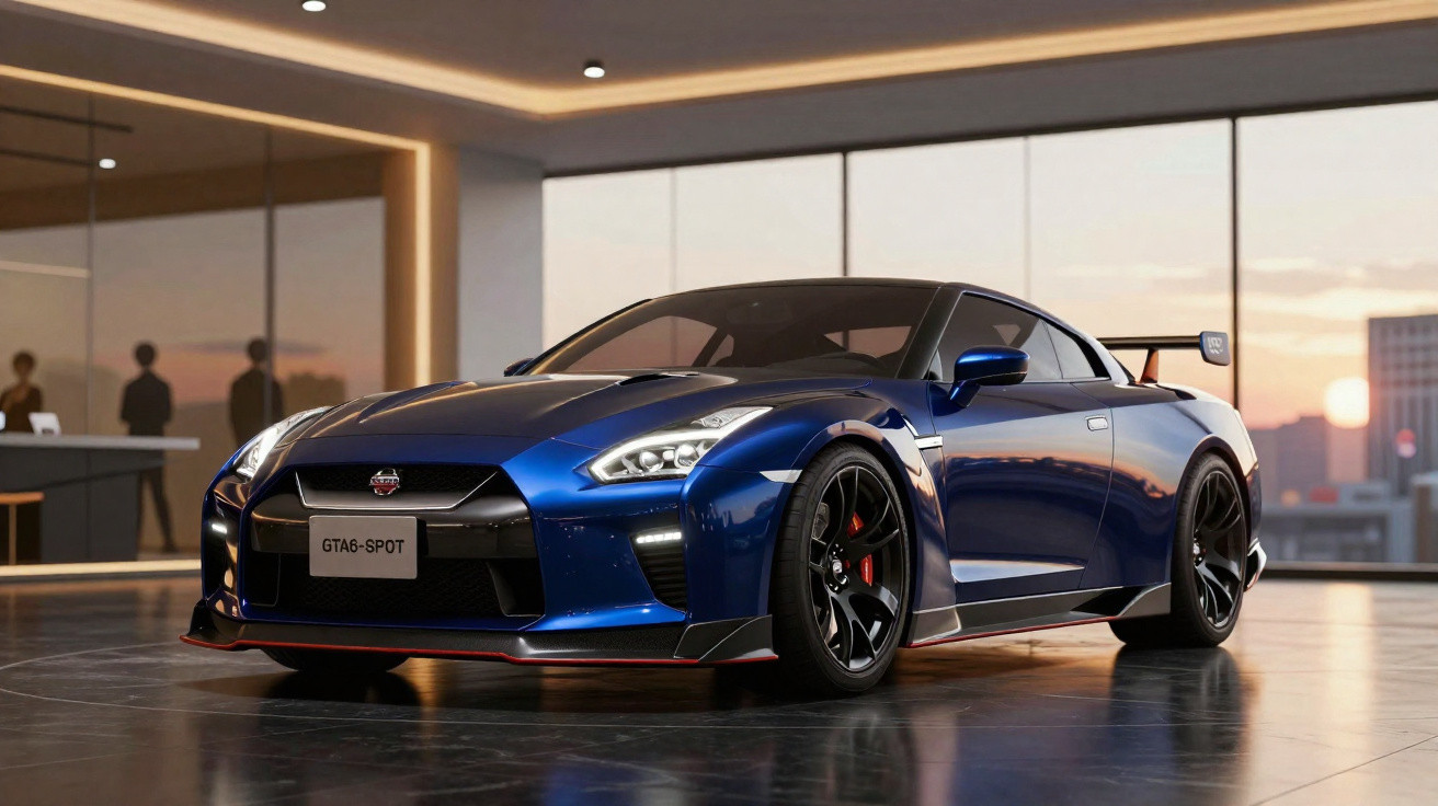 Blue Nissan GT-R sports car parked indoors with large windows showing a sunset cityscape.