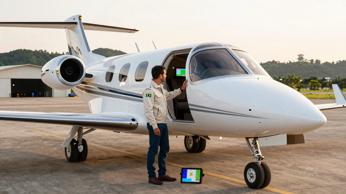 Man checking a small private jet on the runway with a tablet showing technical data on the ground.