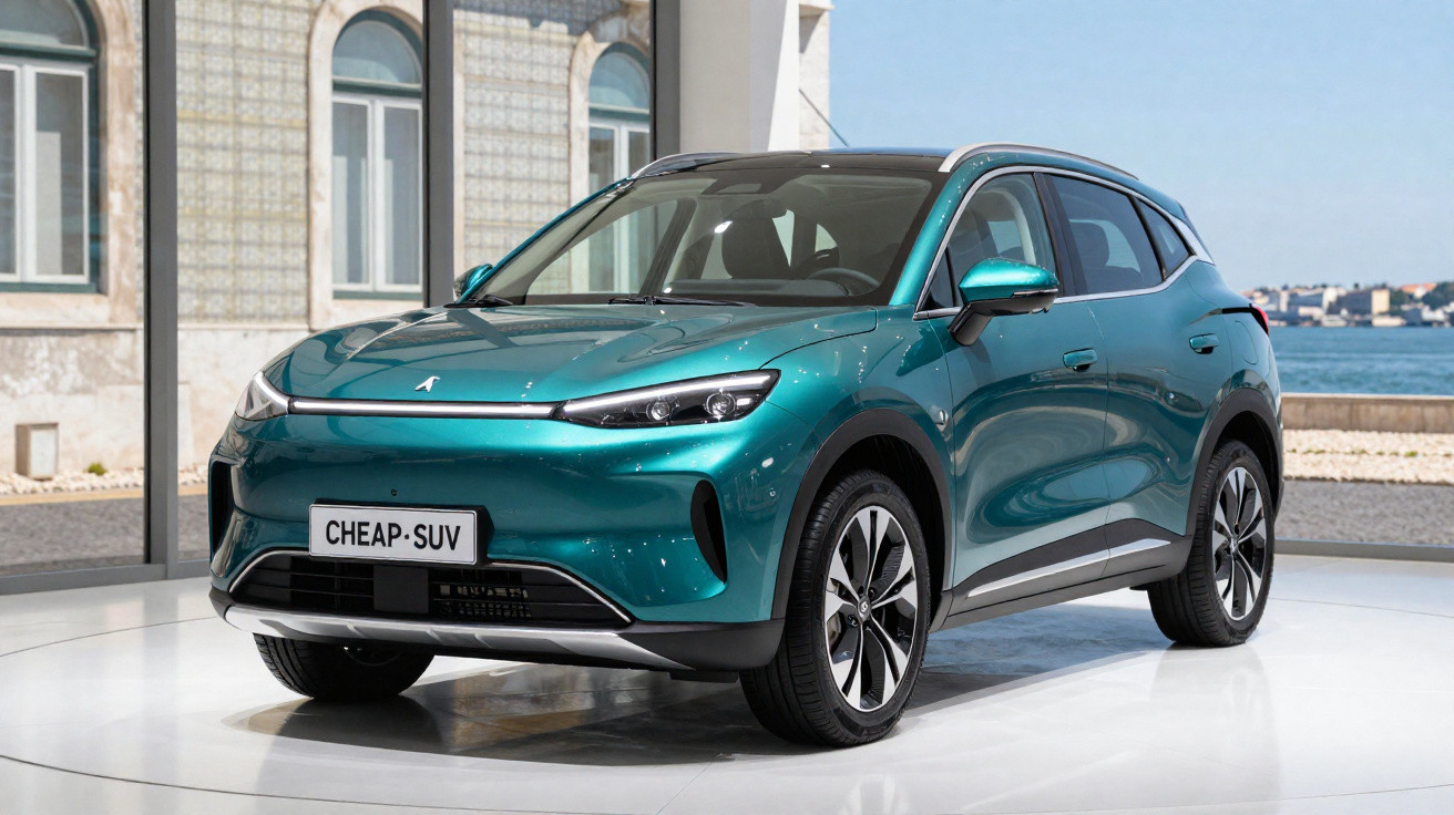 Teal electric SUV displayed indoors near large windows with an urban waterfront view in the background.