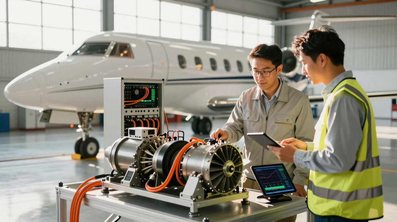 Two engineers test an aircraft engine prototype in a hangar with a private jet in the background.