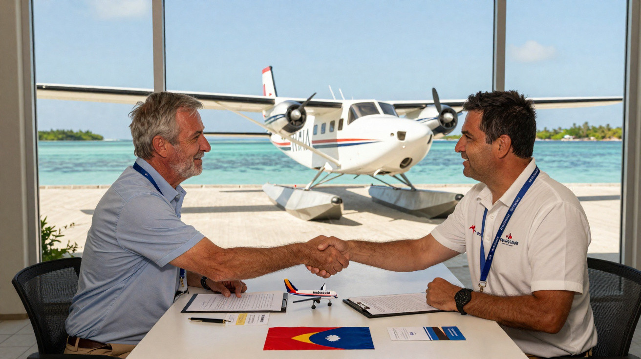 Two men shaking hands over a table with documents, a model plane, and a flag, a seaplane visible outside window.