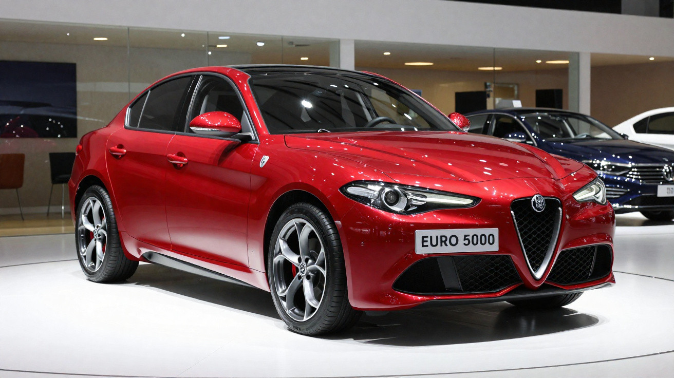 Red Alfa Romeo sedan displayed indoors with sporty design and EURO 5000 licence plate visible.