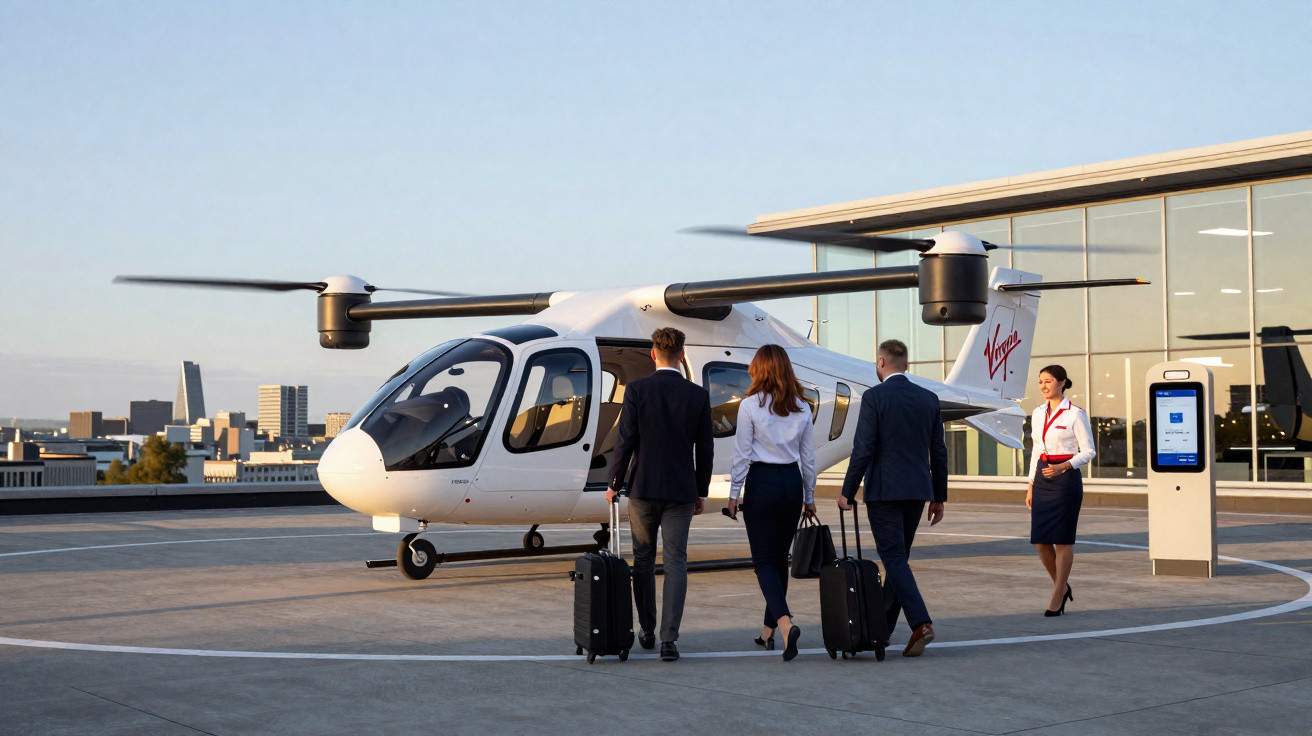 Three business passengers with suitcases walk towards a white Virgin helicopter on a rooftop helipad.