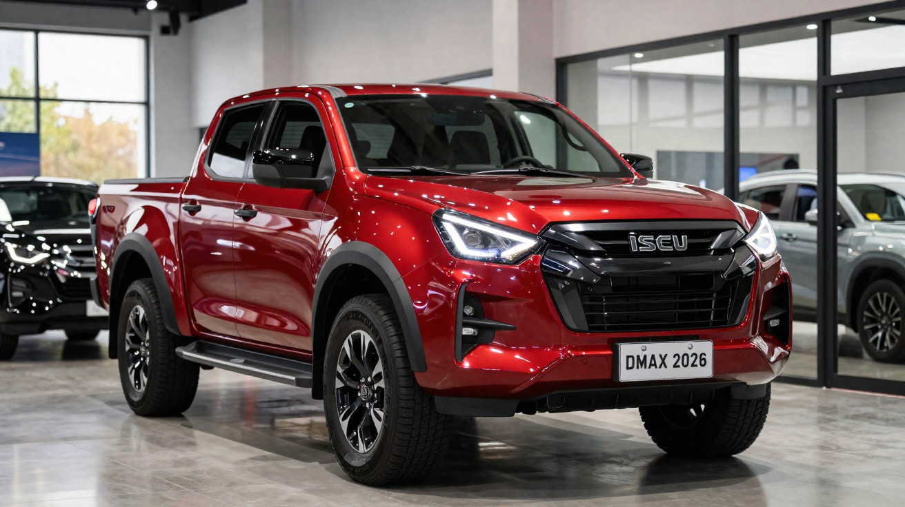 Red Isuzu D-Max 2026 pickup truck displayed indoors with modern design and black accents on wheels and grille.