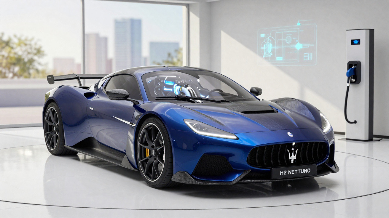 Blue Maserati H2 Nettuno electric sports car charging in modern showroom with digital interface display