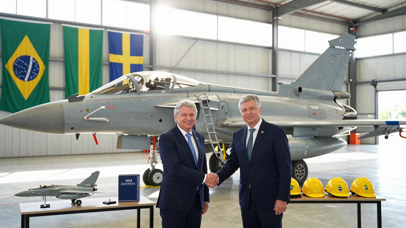Two men in suits shaking hands inside a hangar with a fighter jet and flags of Brazil and Sweden behind them.