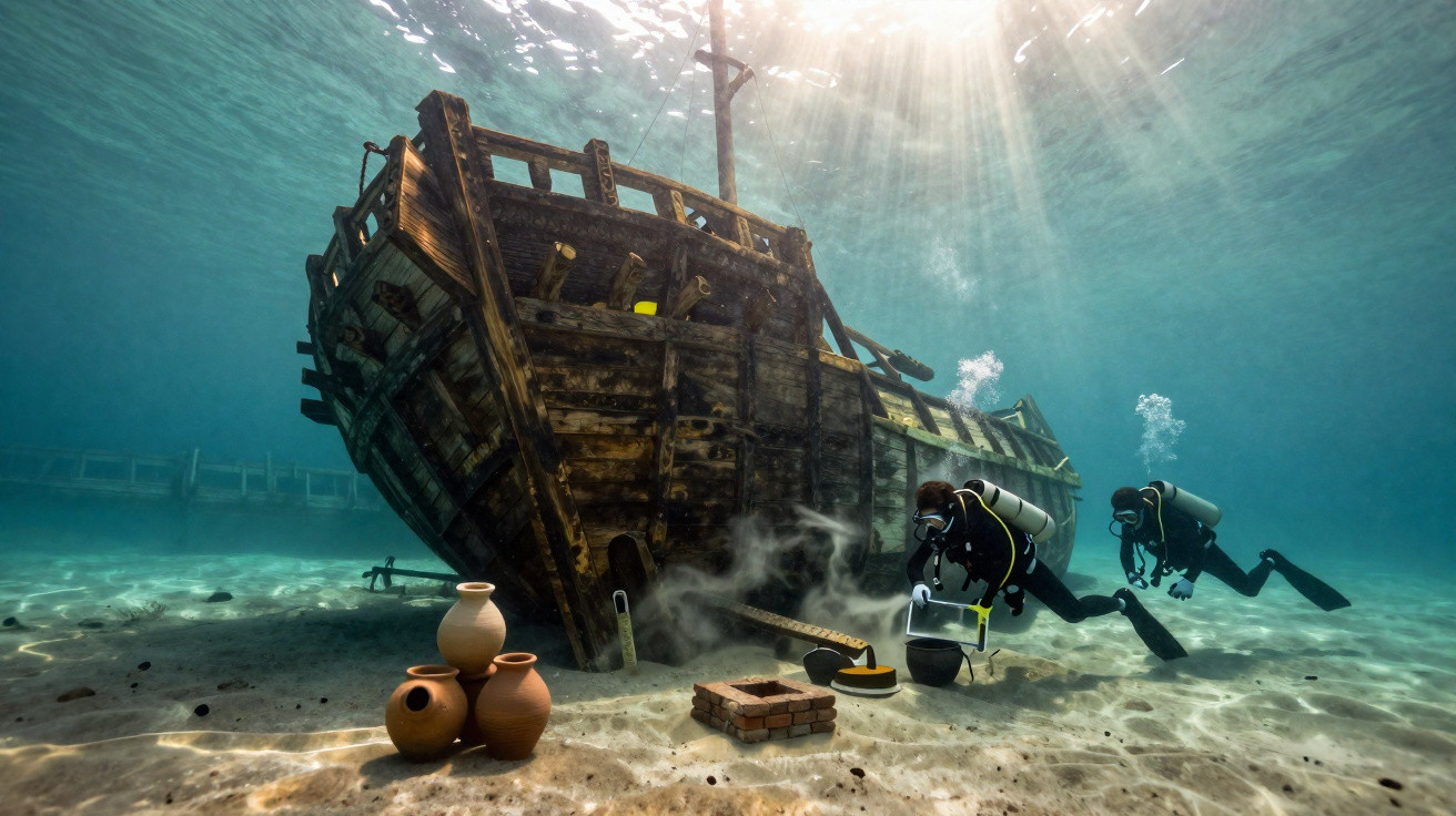 Two divers explore a sunlit underwater shipwreck with ancient pottery and artefacts on the sea bed.