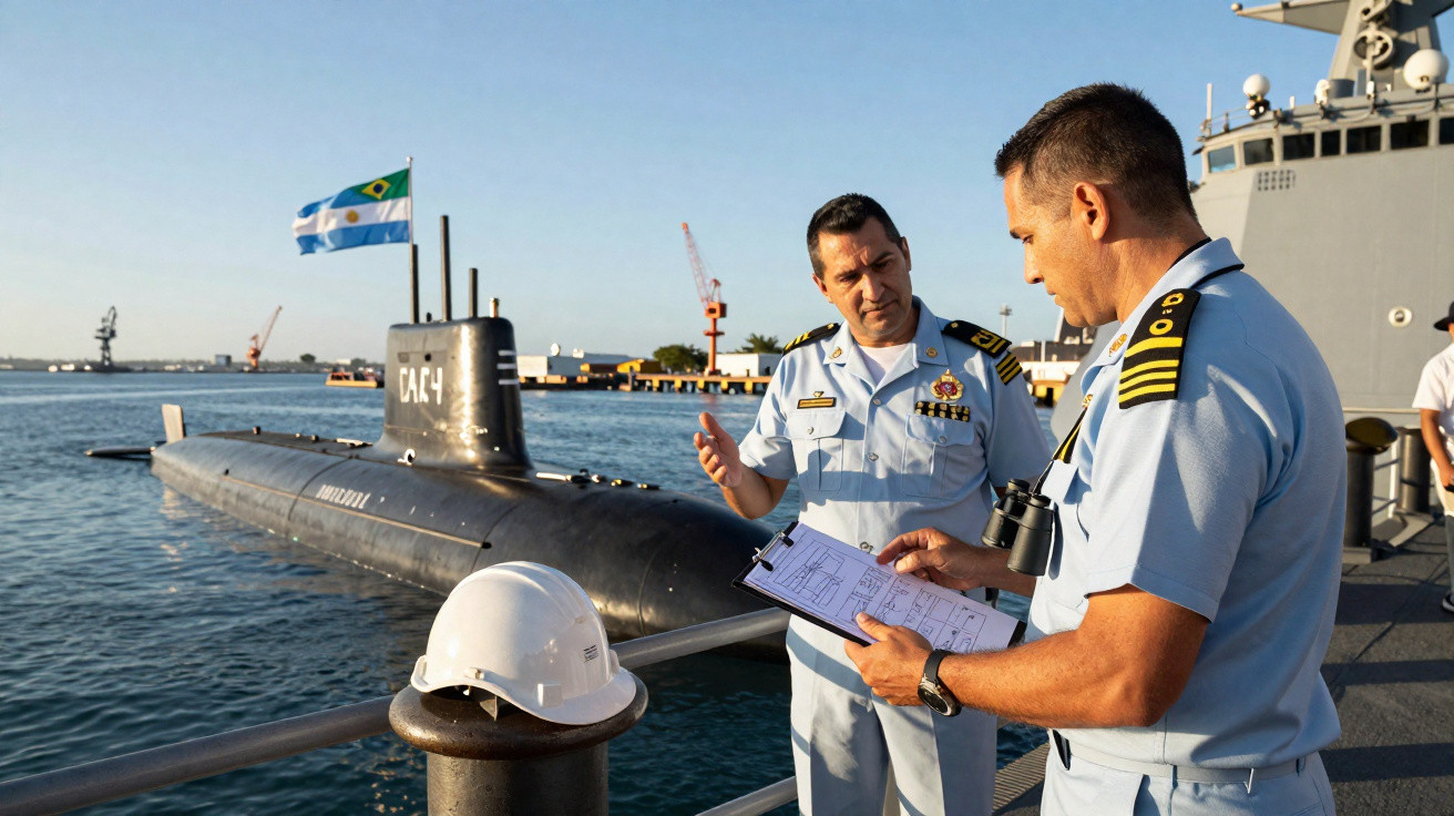 Two naval officers discussing plans on a dock beside a submarine flying Argentine and Brazilian flags