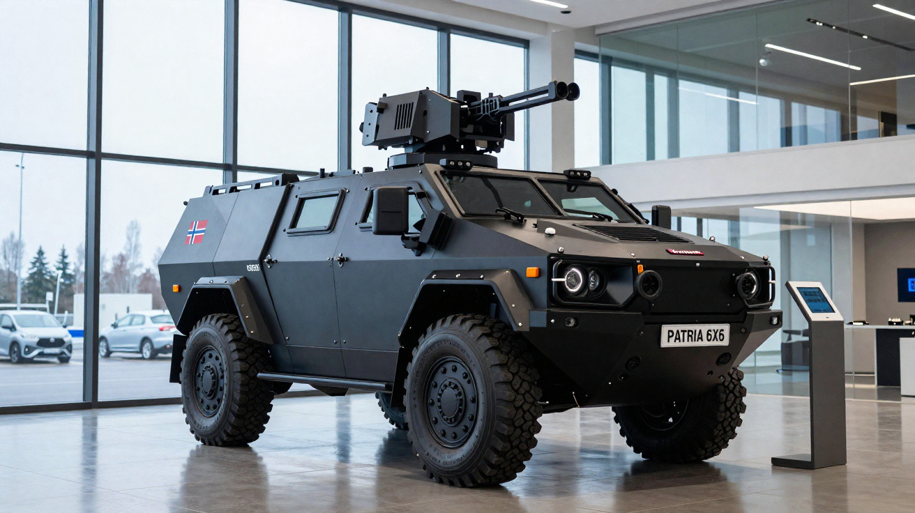 Armoured Patria 6x6 military vehicle with turret, displayed indoors near large windows and informational stand.