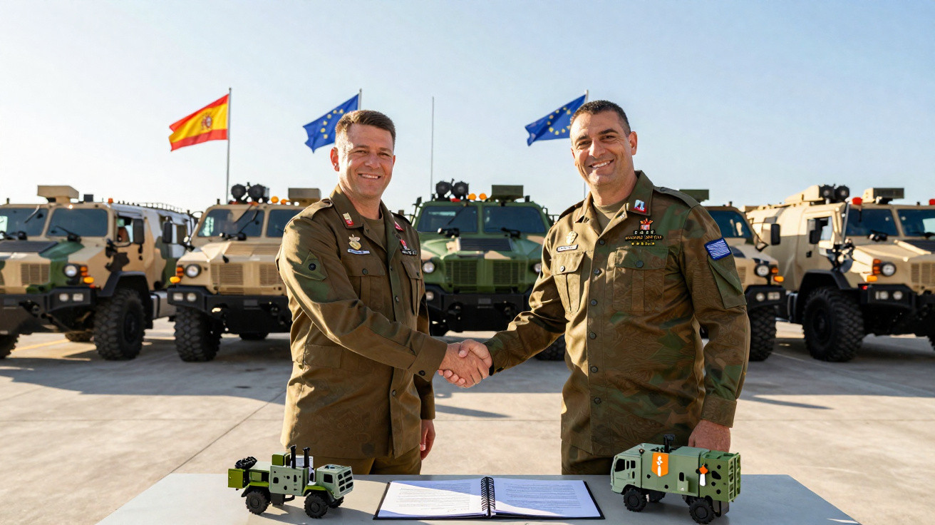 Two military officers shaking hands in front of military vehicles with Spanish and EU flags in the background.