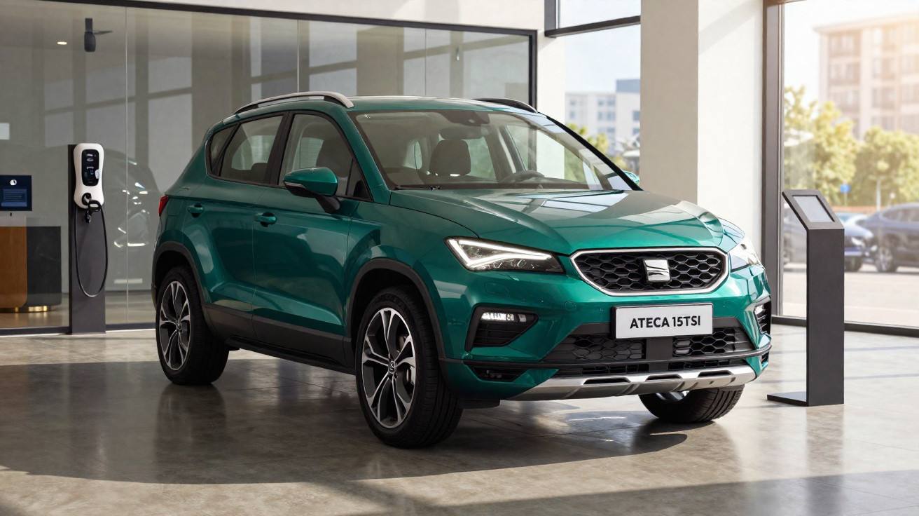 Green SEAT Ateca 15TSI SUV displayed in a modern showroom beside an electric vehicle charging station.