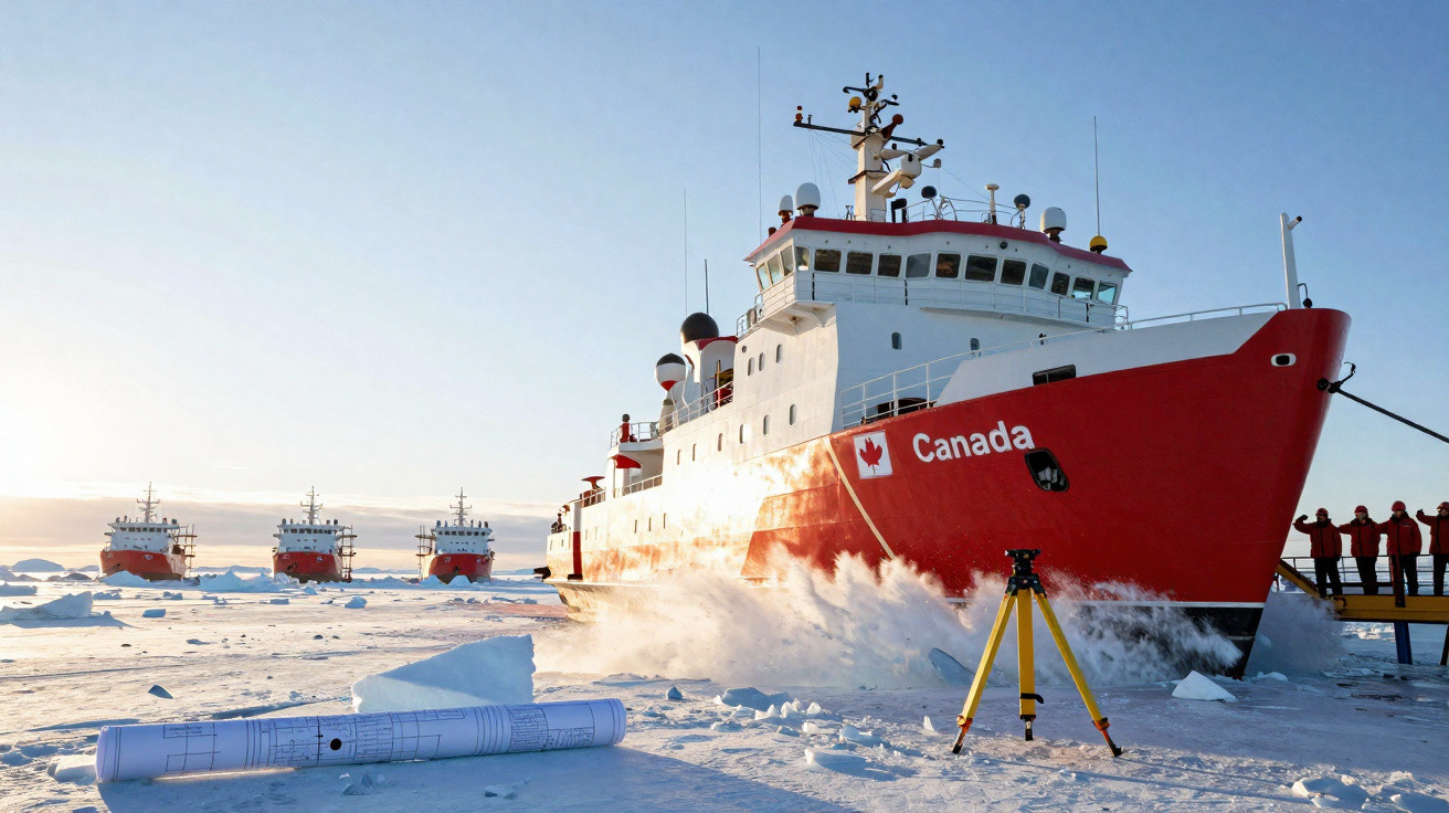 Four red and white Canadian icebreaker ships navigating icy waters with a group of people on a pier.