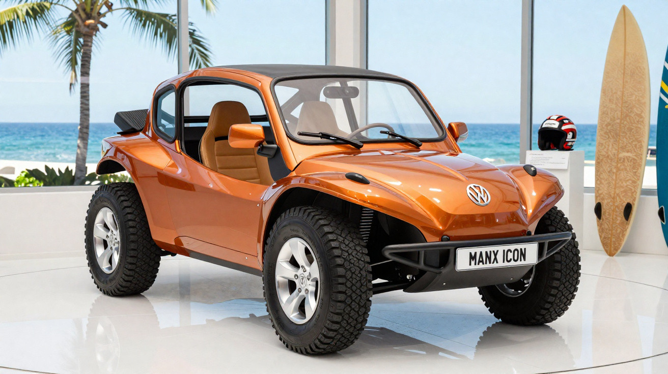 Orange Volkswagen Manx Icon dune buggy displayed indoors near surfboards and palm trees by the ocean.