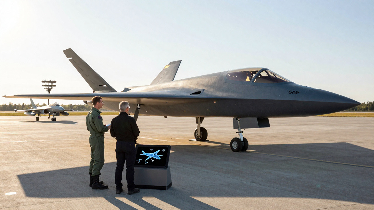 Two men stand by a futuristic stealth aircraft on a runway with a digital display in front.