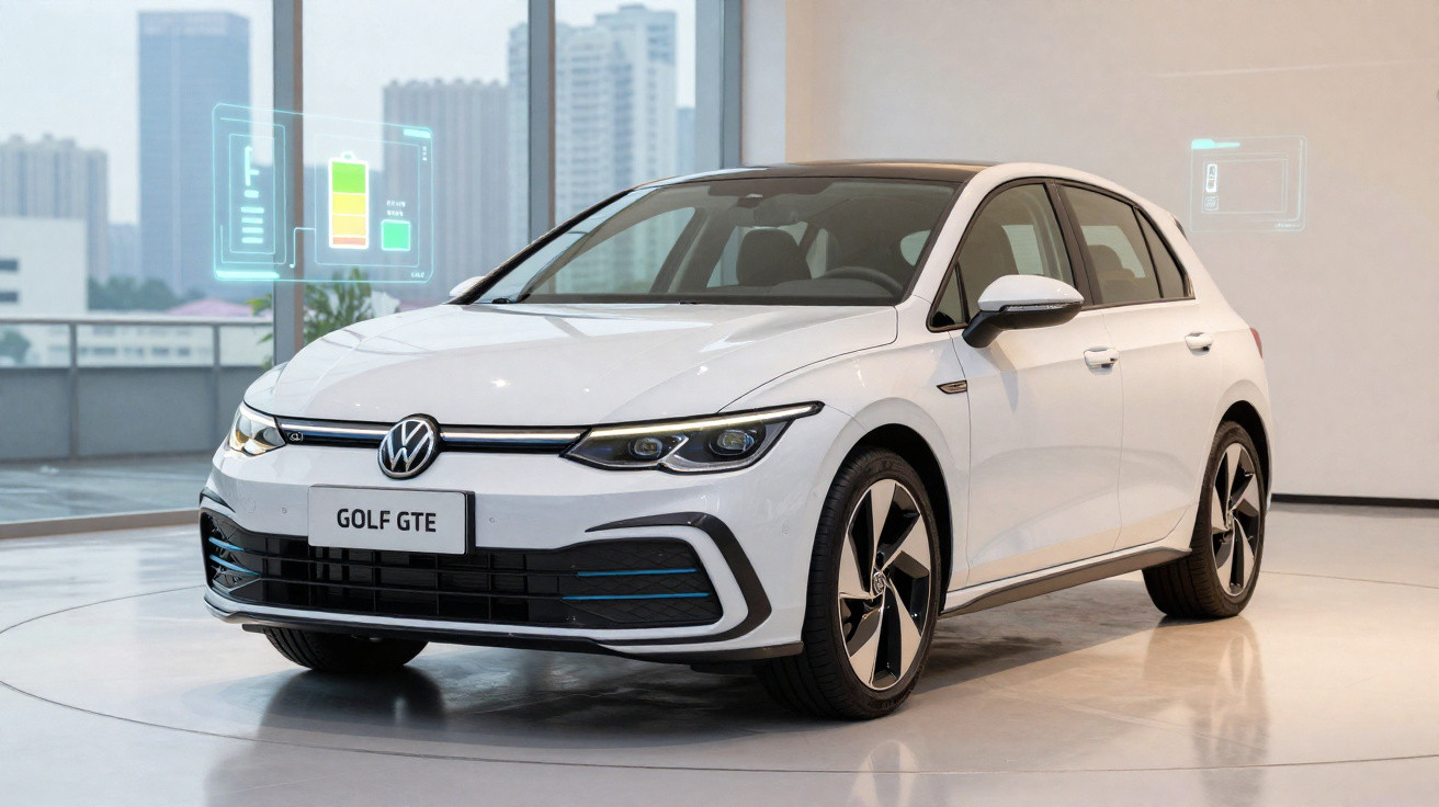 White Volkswagen Golf GTE parked indoors with digital battery status graphics displayed near the front left side.