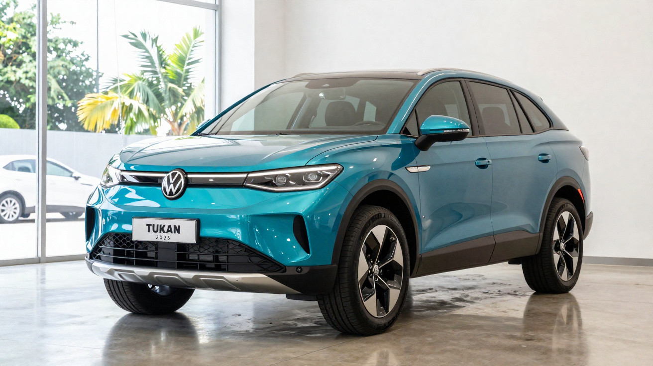 Blue Volkswagen Tukan 2023 electric SUV displayed indoors with large windows and palm trees outside.