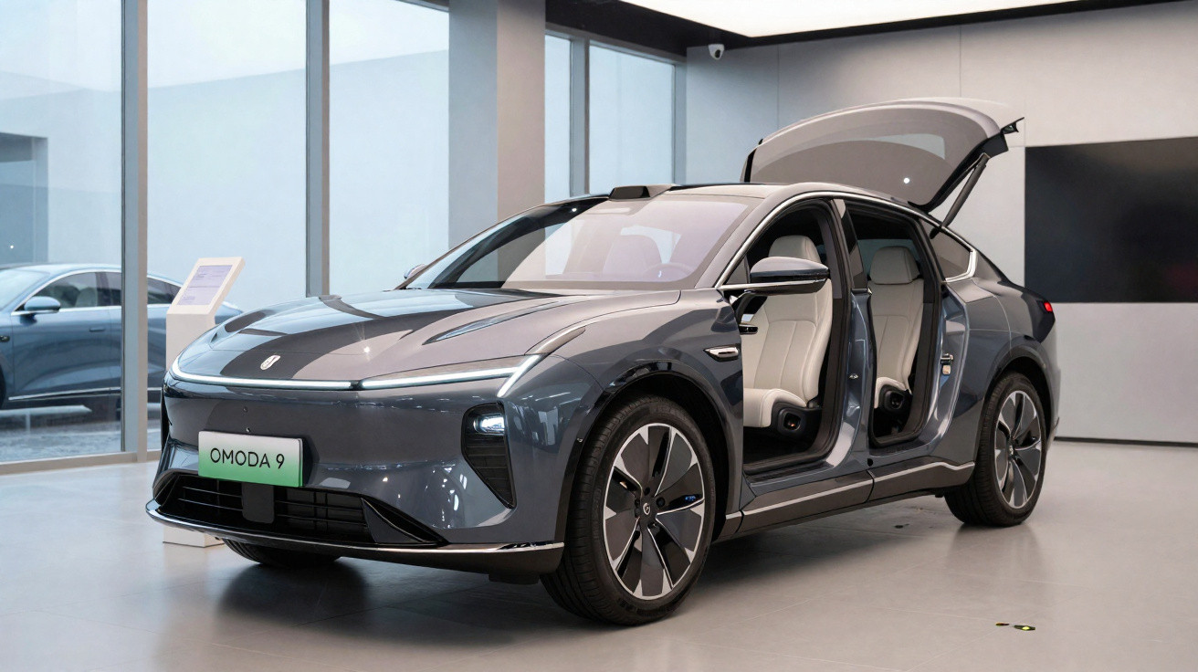 Sleek grey Omoda 9 electric car displayed indoors with front and rear doors and rear hatch open.