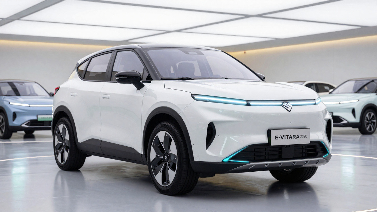 White Suzuki E-Vitara 2030 electric SUV with modern LED lights displayed in a futuristic showroom.