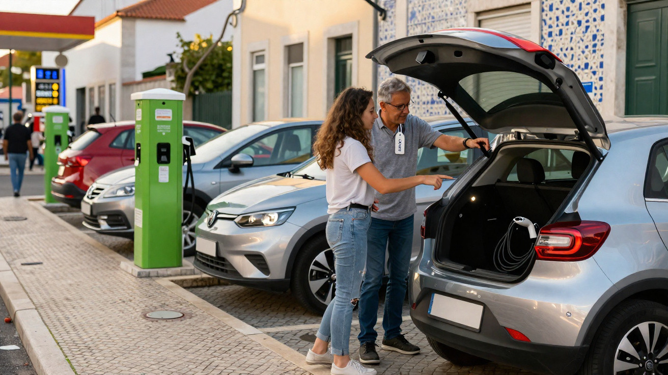 Two people inspecting the open boot of a silver electric car parked near a green charging station.