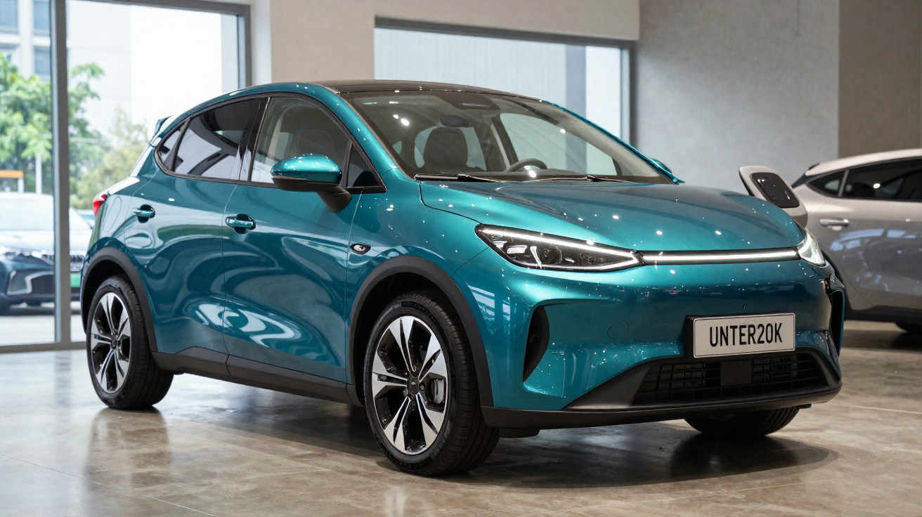 Teal compact electric hatchback car displayed indoors with modern LED headlights and black alloy wheels.